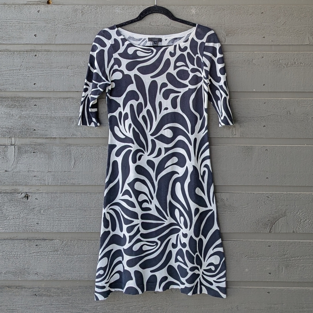 J Crew Collection Black White Long Sleeve 100% Cotton Knit Dress Small Wide Neck